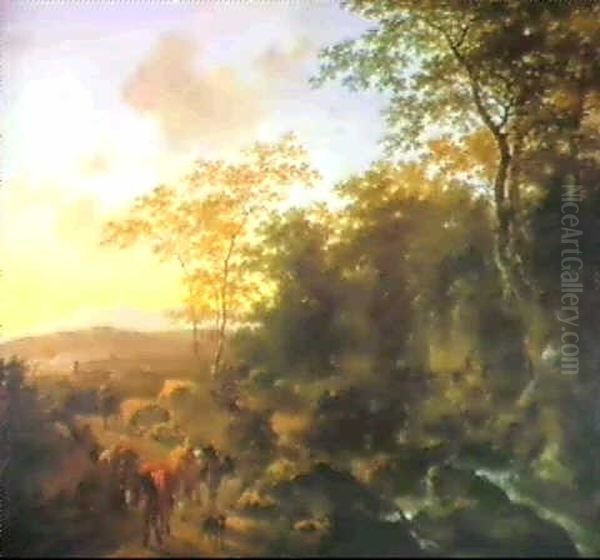Italianate Landscape With Drovers And Mules On A Path       Beside A Torrent Oil Painting by Jan Both