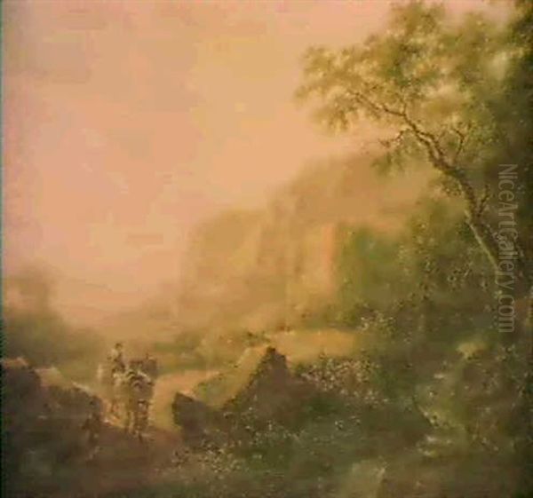 Two Italianate Panoramas With Travellers: Peasants With     Donkeys And Cattle Resting; And Peasants & Donkeys On Route Oil Painting by Jan Both