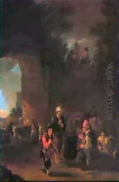 An Encampment Under A Stone Archway With Peasants Roasting  Chestnuts Before A Coal Stove Oil Painting by Jan Both