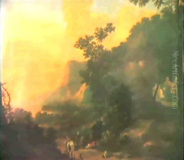 A Mountainous Italianate Landscape With A Horseman And      Peasants Resting At Sunset Oil Painting by Jan Both