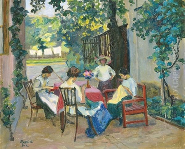 Lunch In The Trellis Oil Painting by Jozsef Bottlik