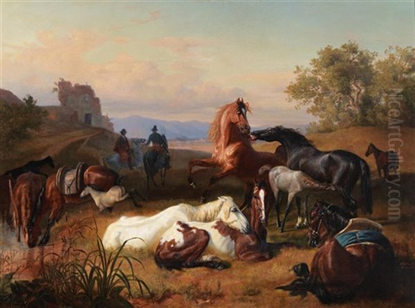 Butteros With Horses In The Roman Campagna Oil Painting by John William Bottomley