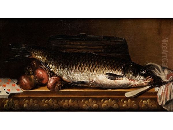 Stilleben Mit Karpfen, Zwiebeln, Spielkarten Und Messer Oil Painting by Pieter Van Boucle