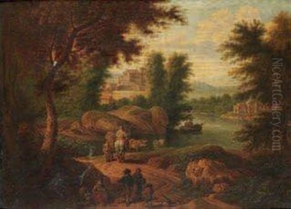 Promeneurs Et Paysans Sur Un Chemin Le Long D'une Riviere Oil Painting by Adriaen Frans Boudewyns the Elder