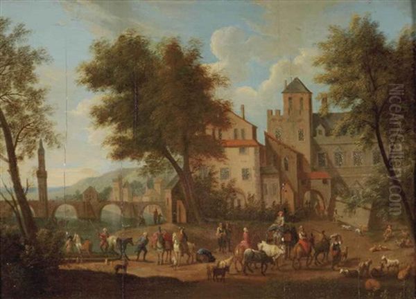 A Town View With A Ferry Unloading Travelers And Livestock Oil Painting by Adriaen Frans Boudewyns the Elder