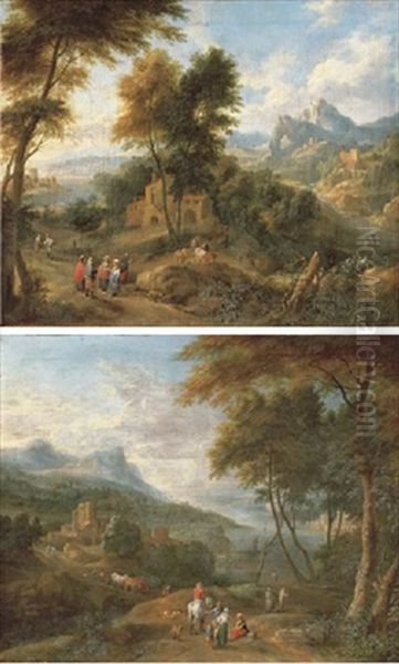 A Mountainous Wooded Landscape With Peasants Conversing On A Path (+ A River Landscape With Travellers And Peasants On A Path; Pair In Collab. W/pieter Bout) Oil Painting by Adriaen Frans Boudewyns the Elder