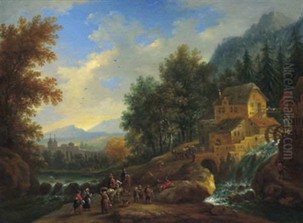 Bewaldete Gebirgslandschaft Mit Einem Wasserfall, Einer Muhle Und Vielen Figuren Oil Painting by Adriaen Frans Boudewyns the Elder