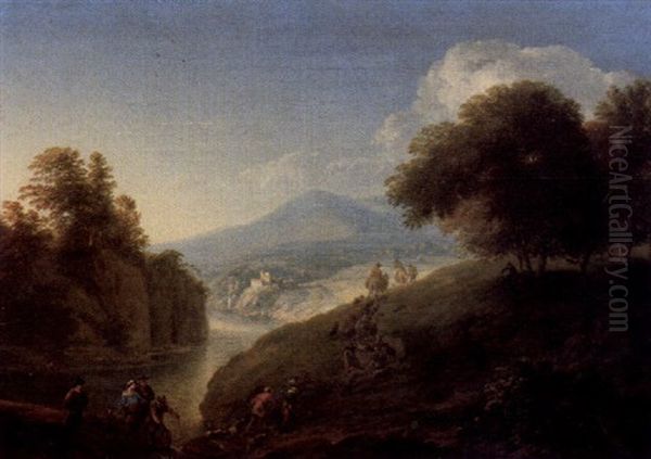 Flusslandschaft Mit Ziehenden Bauern Und Hirten Oil Painting by Adriaen Frans Boudewyns the Elder
