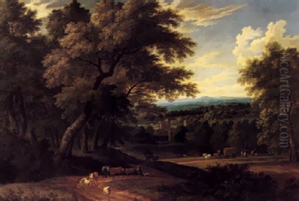 An Extensive Wooded Landscape With Herdsmen Driving Cattle And Sheep Along A Track Oil Painting by Adriaen Frans Boudewyns the Elder