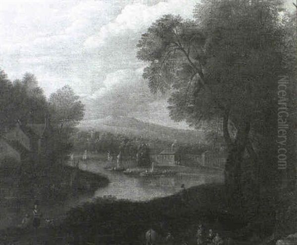 A River Landscape With Travellers Resting In The Foreground, A Village And Hills Beyond Oil Painting by Adriaen Frans Boudewyns the Elder