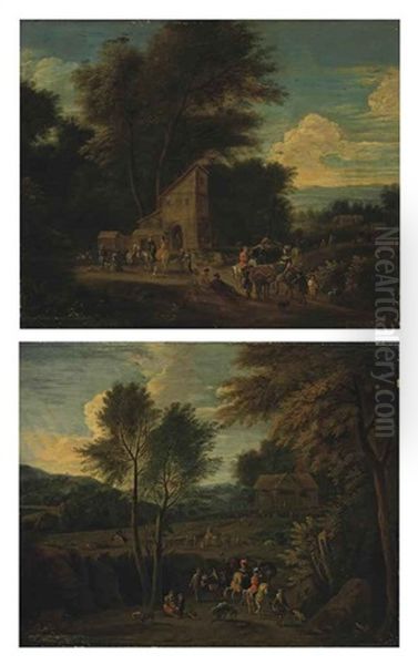 A Wooded Landscape With A Hunting Party Near A Lodge (+ A Wooded Landscape With A Hunting Party In A Clearing; Pair) Oil Painting by Adriaen Frans Boudewyns the Younger