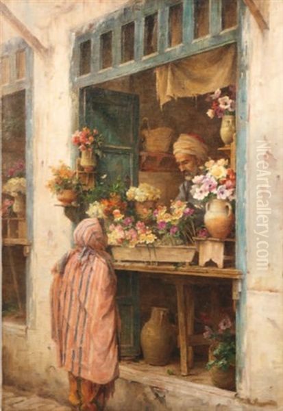 Le Marchand De Fleurs A Tunis Oil Painting by Cecile Augustine Bougourd