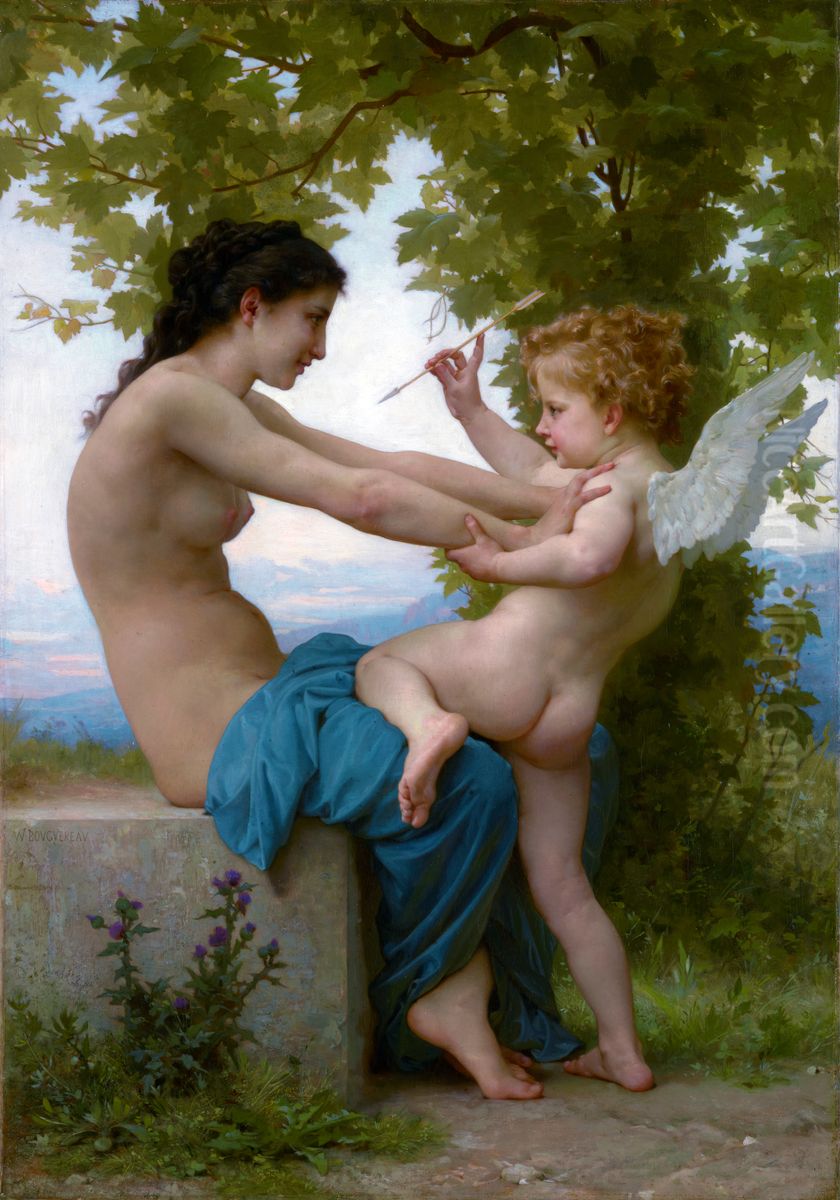 A Young Girl Defending Herself Against Eros Oil Painting by William-Adolphe Bouguereau