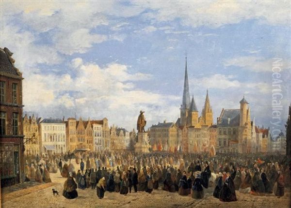 Vue De La Place Du Marche De Gant Avec La Statue De Jacob Van Artevelde Oil Painting by Francois-Jean-Louis Boulanger