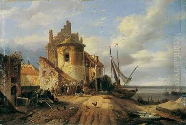 Flusslandschaft Mit Fischerbooten Oil Painting by Francois-Jean-Louis Boulanger