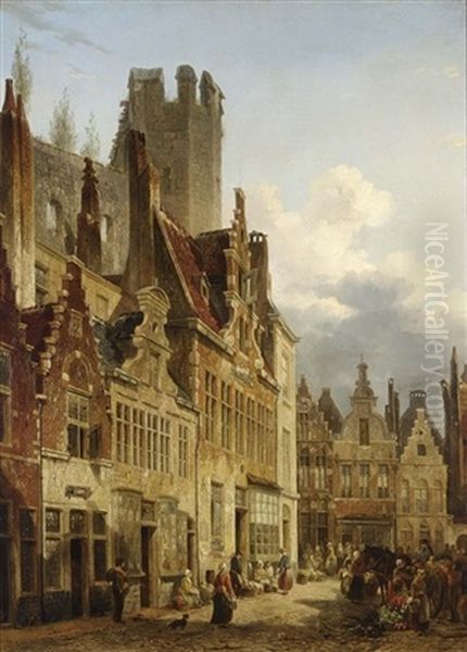 A Busy Market Scene In The Streets Of Ghent Oil Painting by Francois-Jean-Louis Boulanger