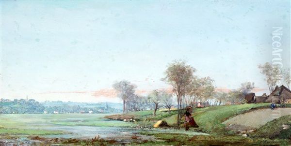 Landschap Met Visser Aan De Waterkant Oil Painting by Hippolyte Boulenger