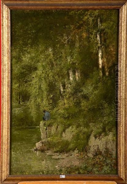 Pecheur Dans La Vallee De La Meuse Oil Painting by Hippolyte Boulenger