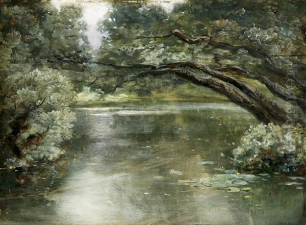 Lakeside Landscape With Lily Pads Oil Painting by Hippolyte Boulenger