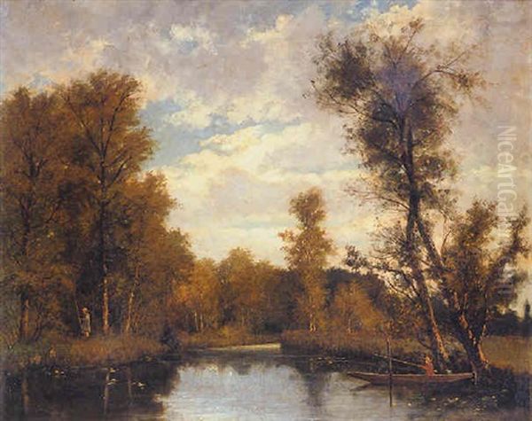 Fishing In A Wooded River Landscape Oil Painting by Hippolyte Boulenger