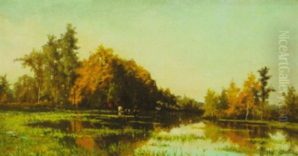 Stream Through The Lowlands, With Cows Watering And Herder Oil Painting by Hippolyte Boulenger