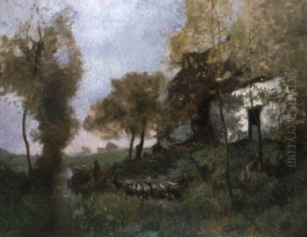 Schaapherder Bij De Beek Oil Painting by Hippolyte Boulenger