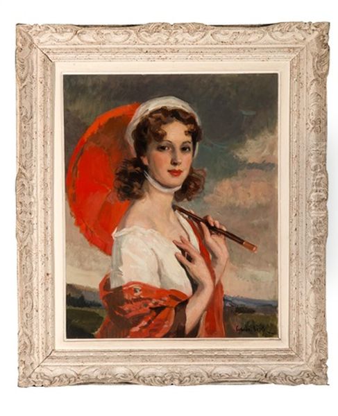 Portrait Of A Young Lady With Red Parasol Oil Painting by Cyprien Boulet