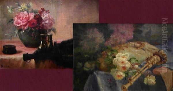 Natures Mortes Aux Fleurs Et Musique (+ Nature Morte Aux Fleurs Et Evantail, Faisant Pendant; 2 Works) Oil Painting by Cyprien Boulet