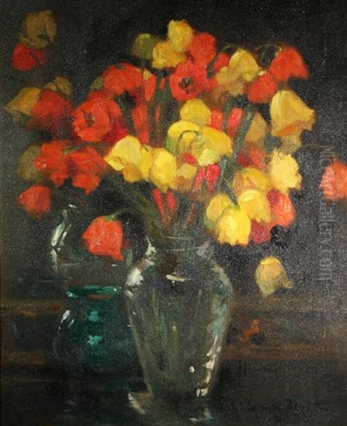 Tulips In A Clear Glass Vase Oil Painting by Cyprien Boulet