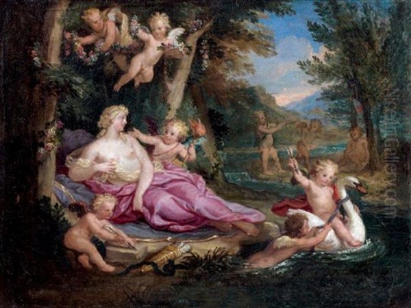 Venus, L'hymen Et Les Amours Jouant Avec Un Cygne Oil Painting by Louis de, the Younger Boulogne