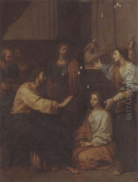 Christ At The House Of Martha And Mary Oil Painting by Louis de, the Younger Boulogne