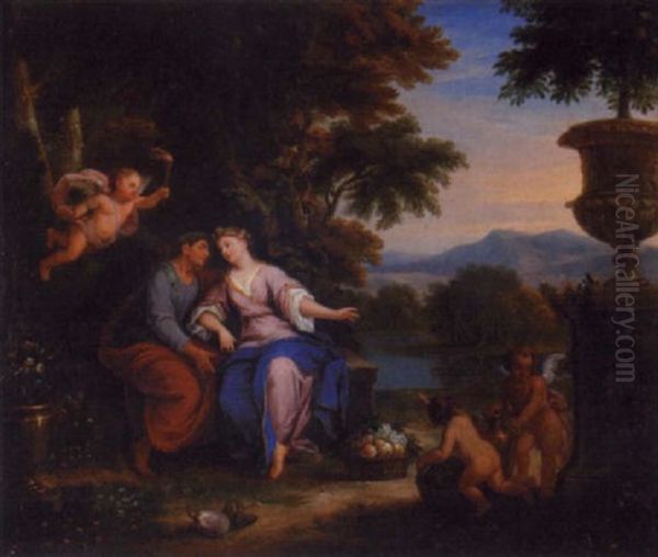 A Classical Landscape With An Amorous Couple In An Arbour With Attendant Putti Oil Painting by Louis de, the Younger Boulogne