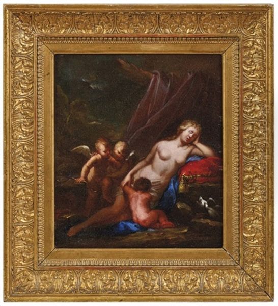 Schlafende Venus Mit Amor Oil Painting by Valentin De Boulogne