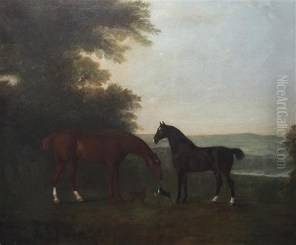 Two Horses And Two Dogs In A Landscape Oil Painting by John Boultbee