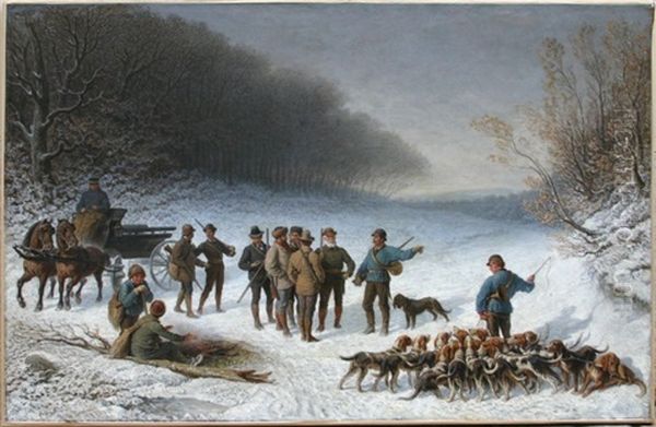 Le Rapport En Foret Par Temps De Neige Oil Painting by Emile Bourcart