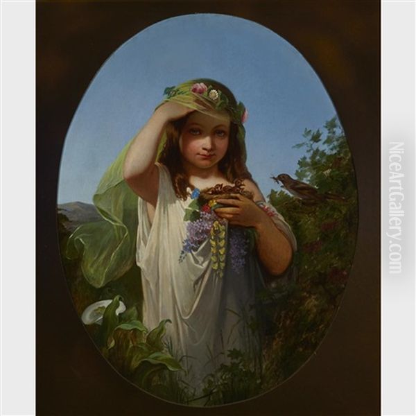 Spring Personified (young Maiden With A Bird's Nest) Oil Painting by Henri Jacques Bource