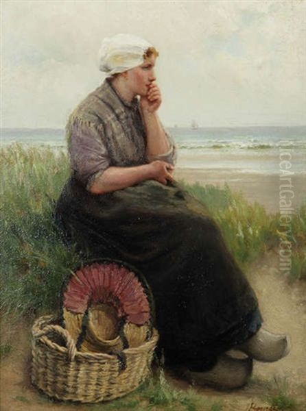 Fille Du Zeelande Avec Panier Sur La Plage Oil Painting by Henri Jacques Bource