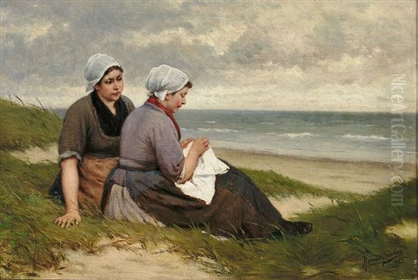 Zwei Madchen In Belgischer Tracht Am Strand Oil Painting by Henri Jacques Bource