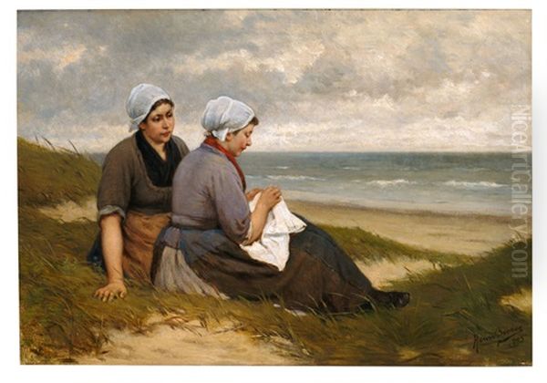 Zwei Madchen In Belgischer Tracht Am Strand Oil Painting by Henri Jacques Bource