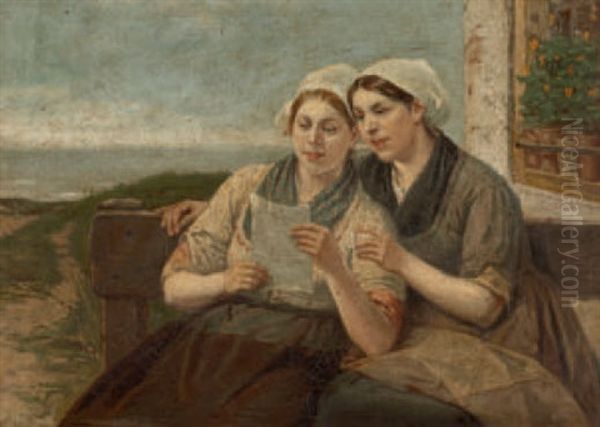 Zwei Junge Frauen Beim Lesen Eines Briefes Oil Painting by Henri Jacques Bource