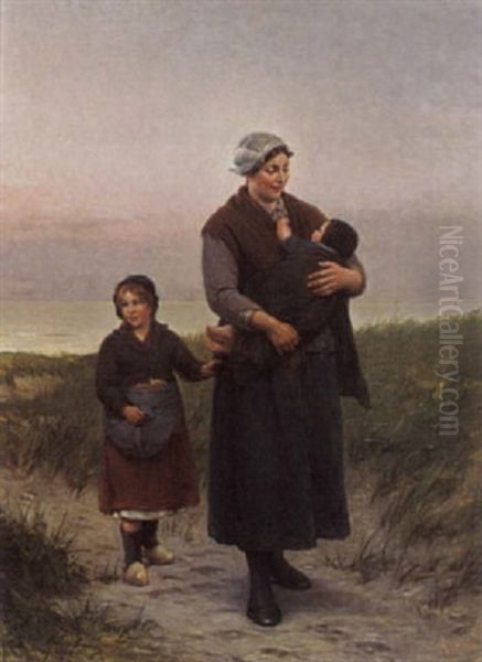 A Mother And Child Returning Home Oil Painting by Henri Jacques Bource