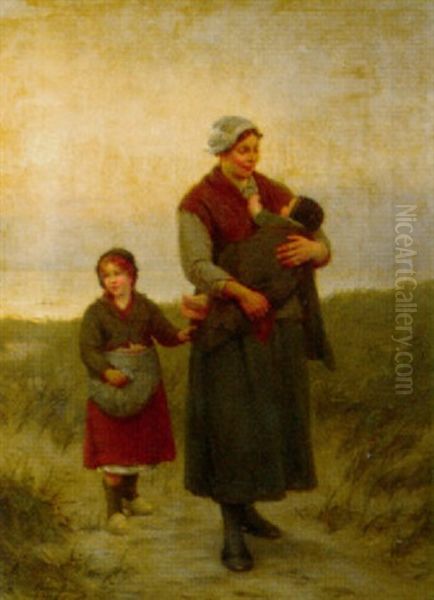 A Mother And Her Children Returning Home Oil Painting by Henri Jacques Bource