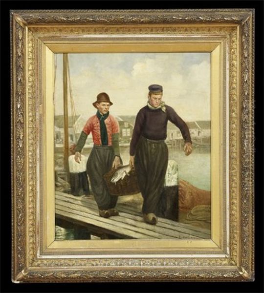 Two Fishermen With Their Catch Oil Painting by Henri Jacques Bource
