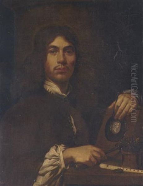 Portrait Of An Artist Holding A Hammer And Chisel Before An Intaglio Oval Portrait Bust Of A Classical Figure, With A Pot Of Chisels And A Flute On A Table Oil Painting by Sebastien Bourdon