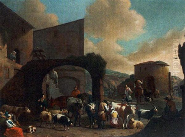 Shepherds And Their Herd On A Village Market Oil Painting by Sebastien Bourdon