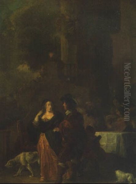 Elegant Company At A Table Outside A Mansion Oil Painting by Sebastien Bourdon