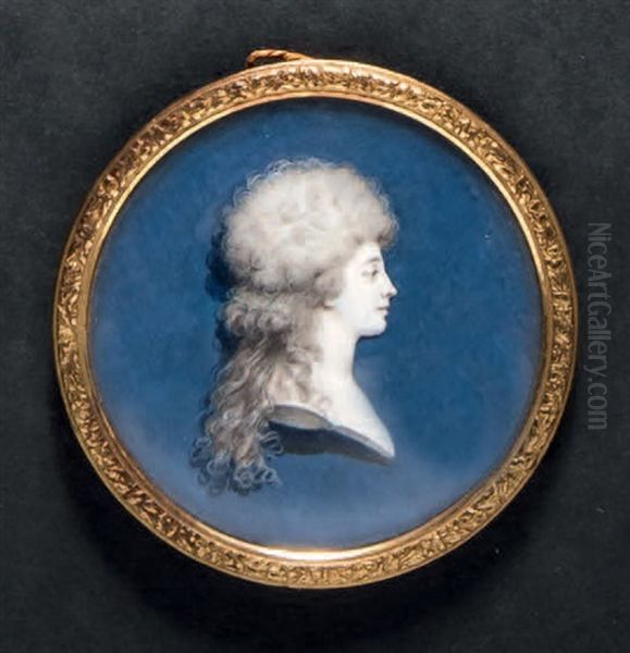 Portrait De Jeune Femme En Buste De Profil Vers La Droite Sur Fond Bleu Oil Painting by Charles Guillaume Alexandre Bourgeois