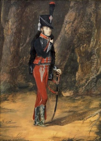 Capitaine De Hussard En Pied Oil Painting by Charles Guillaume Alexandre Bourgeois
