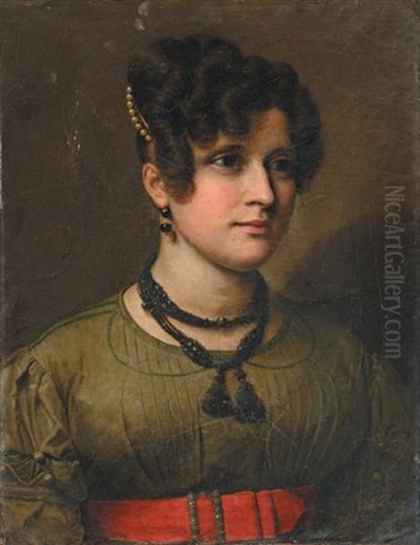 Portrait De Jeune Femme A La Robe Verte Et Ceinture Rouge, Une Aigrette De Perles Dans Sa Chevelure Oil Painting by Charles Guillaume Alexandre Bourgeois