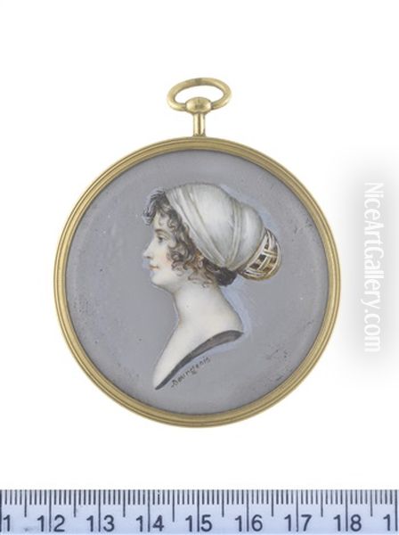 A Lady, In Profile To The Left, Wearing Gold Hoop Earring, Her Brown Hair Upswept Beneath A White Handkerchief And Tied In Place With A Net Of Gold Brocade Oil Painting by Charles Guillaume Alexandre Bourgeois